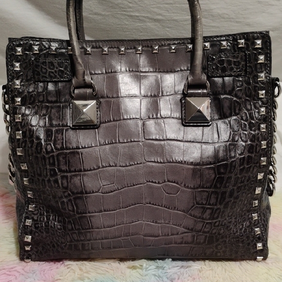 SALE! Michael Kors Hamilton Crocodile Embossed Silver Studded Tote Bag - Picture 3 of 16